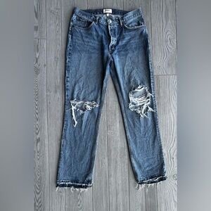 Agolde Lana Straight Jeans 31 High Rise Distressed Raw Hem Button Fly Blue Denim